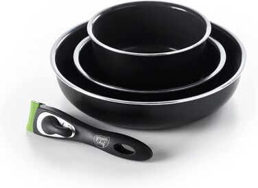 Набір каструль GreenChef ClickPan з керамічним антипригарним покриттям, 3 предмети (16см/1,6л та 20см/3,1л), знімна ручка, PFAS-free, універсальні, компактні, для індукції, можна мити в посудомийній машині, чорні. 4-елементний набір каструль і сковорідок.