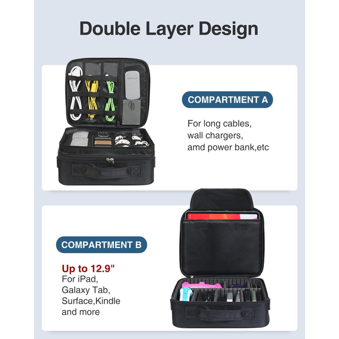Органайзер для електроніки Luxtude: велика дорожня сумка, подвійний шар, Tech-сумка, органайзер для кабелів, для iPad (до 12,9 дюймів), чорний, XL