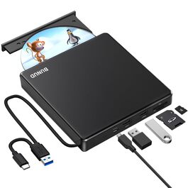 Зовнішній CD/DVD привід BU USB 3.0 & Type-C, DVD+/-RW Brenner з картридером SD/TF та USB-портами для ноутбука, ПК, MacBook, Windows 11/10, macOS, чорний
