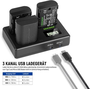 NEEWER Комплект акумуляторів та зарядного пристрою LP-E6NH (3 шт. 2250mAh) з USB зарядкою на 3 слоти, серветка, сумісний з Canon EOS R7, R5, R6, R6 II, R 5DIV, 6DII, 7DII, 80D, 90D