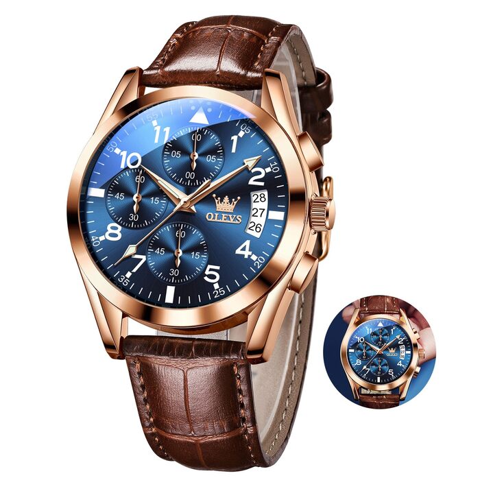 Годинник чоловічий OLEVS Vintage з шкіряним ремінцем, великий циферблат, водонепроникні, аналогові годинники з датою (2878, блакитний циферблат/коричневий ремінець)