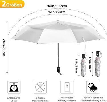 Зонт від сонця та дощу 42/46 дюймів, стійкий до вітру, з 8 ребрами, автоматичний, для чоловіків та жінок (срібний/рожевий)