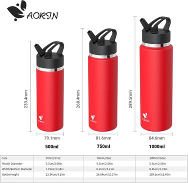 AORIN Stainless Steel Water Bottle, 500ml/750ml/1L Leak-Proof Water Bottle with Straw, BPA-Free Drinking Bottle for Kids, Vacuum Insulated Thermos for Sports, School, Fitness, Outdoor (750 ml, Red)