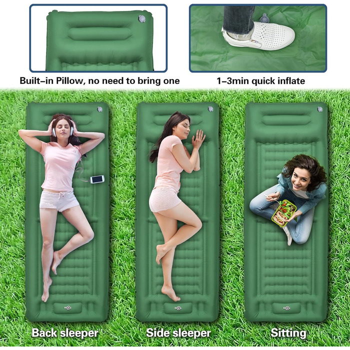 Isomatte ORIEVIR для кемпінгу та подорожей: товста 12 см, з подушкою та насосом, ультралегка, зелена