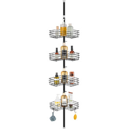 FIISAYL Shower Shelf No Drilling Telescopic Shower Shelf Metal Corner Shelf Bathroom Shelf with 4 Shower Baskets, Height Adjustable 85-325cm, Suitable for Bathtub Bathroom and Kitchen, Black