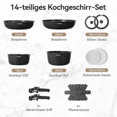 Набір каструль з керамічним покриттям 14 предметів, антипригарне покриття, індукційне дно, 24/28 см сковороди, для всіх типів плит, сумісний з духовкою