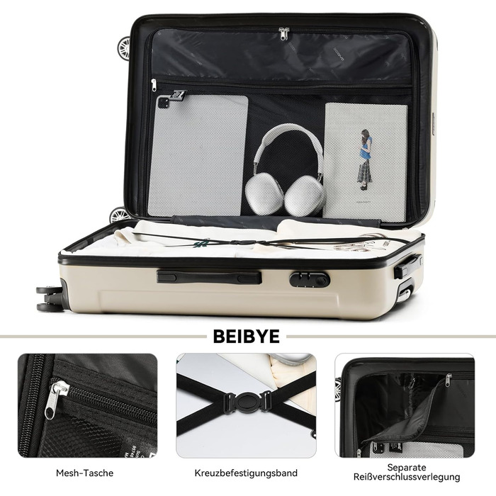 Набір валіз Beibye Hartschalen з ручкою-телескопом (M-L-XL) - темно-зелений, кремовий