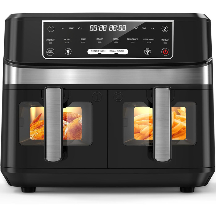 Фритюрниця без олії з 2 камерами, 10л, XXL, 8-в-1, сенсорний екран, таймер, для здорового харчування