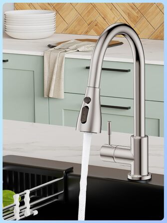 Кухонний змішувач SREWOHS PRO з висувним виливом, 360° обертання, 4 режими розпилення, однорегуляторний, високий вилив, ABS-розпилювач для кухонної мийки, проста установка