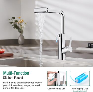 Кран кухонний водопровідний CREA Wasserfall висувний з дозатором мила, нержавіюча сталь, 360° обертання, 4 режими, хром