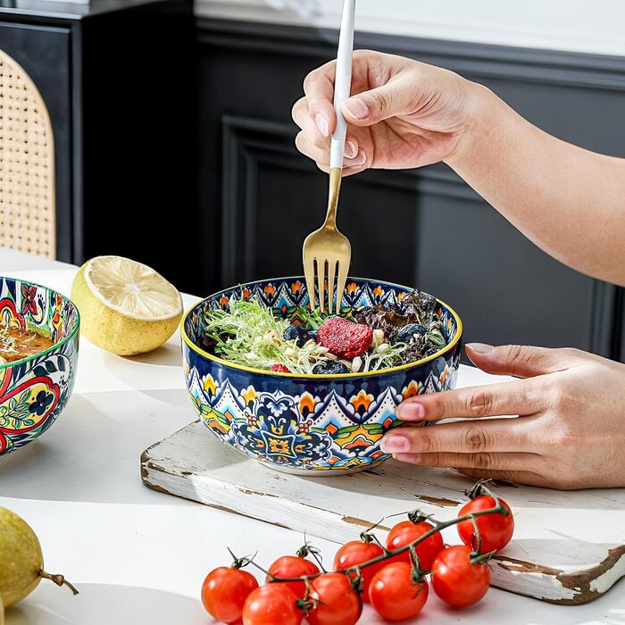 HENXFEN Набір з 6 порцелянових мисок для мюслі, супу, салату, 850 мл. Богемний квітковий дизайн, 6 кольорів