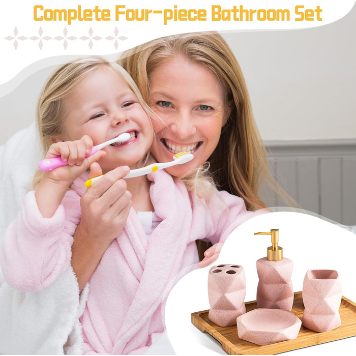 Bathroom Accessories Set, including soap dispenser, toothbrush holder, cup, soap dish, modern, elegant, bathroom organizer, ceramic bathroom decor set (Pink)