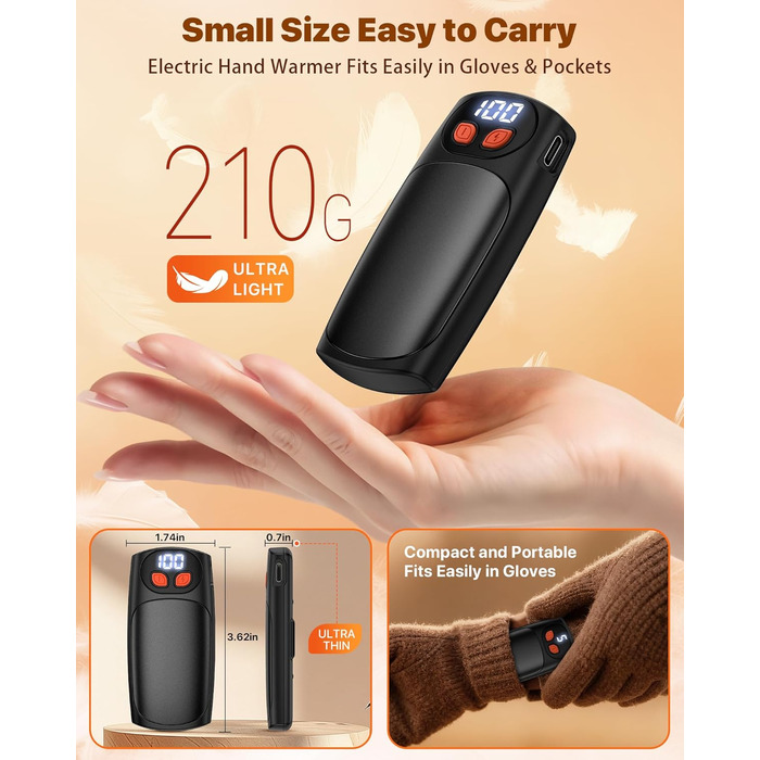 Електричні грілки для рук 2 шт. з LED-дисплеєм та 5 рівнями нагріву, USB-C, ідеальні для гольфу, кемпінгу, походів, зимових видів спорту, чорні