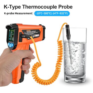 Інфрачервоний термометр MESTEK з лазерним цілевказівником та K-зондом (-50°C ~ 800°C) - безконтактний вимірювач температури з LCD дисплеєм, сигналом тривоги та регулюванням коефіцієнта випромінювання для кухні (Orange)