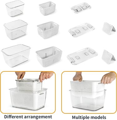 Freshness Food Storage Containers Set Refrigerator Organizer Reusable Storage Containers 3-Piece Set (0.5L+1.7L+4.5L) Plastic Refrigerator Organizer Set with Lid and Strainer (White, 3-Piece Set)