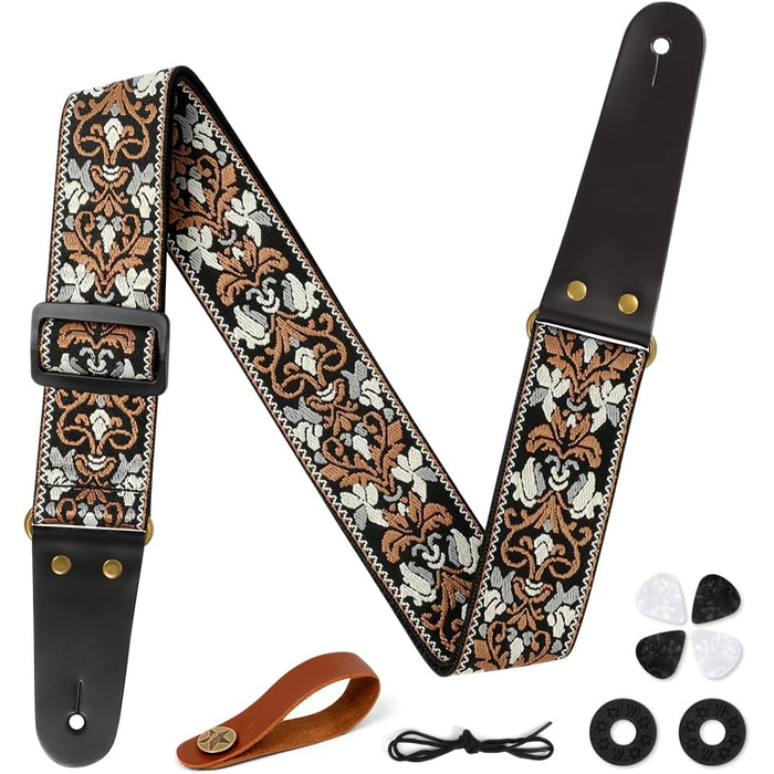 Гітарний ремінь Vintage з вишитою бавовною, регульований, з шкіряними кінцями, для бас-гітари, електро- та акустичної гітари, з пряжкою та 4 медіаторами (#7 жовтого та білого кольору)