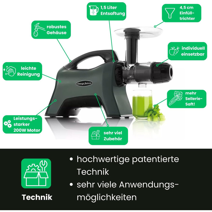 Omega Juicers MM1500 - three-stage screw press with a unique celery cap for maximum juice yield of 1.5 L - Ideal for making fruit and vegetable purees, sorbets, plant-based drinks, and includes a lot of accessories.