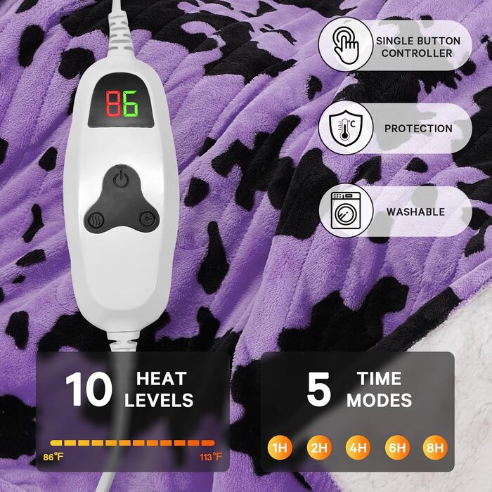 Електрична гріюча ковдра з принтом 'Корова', подвійний розмір, 157 x 213 см, фіолетовий колір, 10 режимів нагріву, автоматичне вимкнення через 8 годин, флісова та шерпа ковдра, тепла, подарунок для жінок, 62'x84' ковдра з принтом 'Високогірна корова'