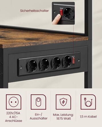 Полиця для кухні VASAGLE з розетками, 40x90x165.5 см, коричневий та чорний, KKS031K11