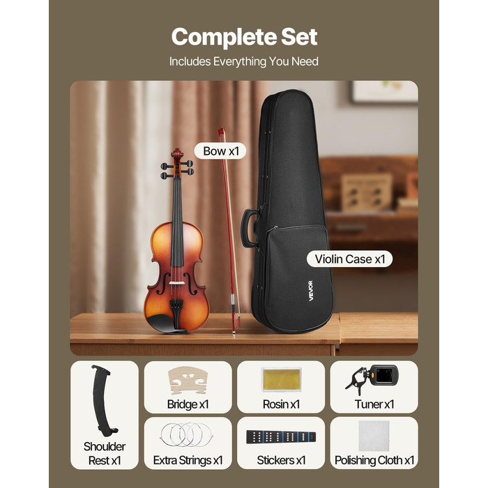 Скрипка VEVOR 4/4 з аксесуарами: футляр, колінь, стійка, струни, тюнер, дерев'яний корпус (матова коричнева)