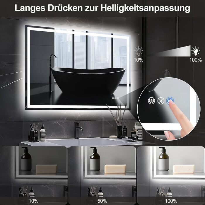 Дзеркало для ванної кімнати зі світлодіодним підсвічуванням 50x70 см, Bluetooth, сенсорне керування