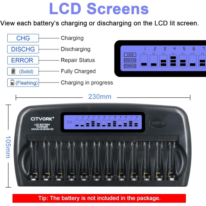 Зарядний пристрій CITYORK 12 Bay LCD з інтелектуальним захистом IC для AA/AAA NI-MH/NI-аккумуляторів, з адаптером та комплектом AA-аккумуляторів
