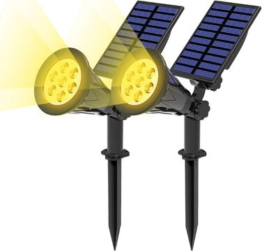 T-SUN LED Solar Spotlights, 2 Pack 4 LED Solar Garden Lights, Bright Garden Light, 2 Lighting Modes, Security Lighting, Large Outdoor Light for Lawn, Paths, Terrace (Cool White 6000K) (7led-warmwhite, 2 Pieces)