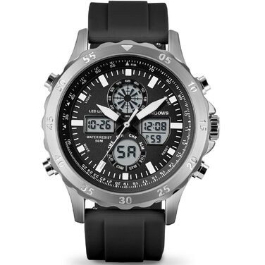 Годинник PINDOWS для чоловіків: водонепроникні спортивні годинники (аналогові/цифрові), багатофункціональні, міцні, з LED-підсвічуванням, будильником, секундоміром (чорний/сріблястий)