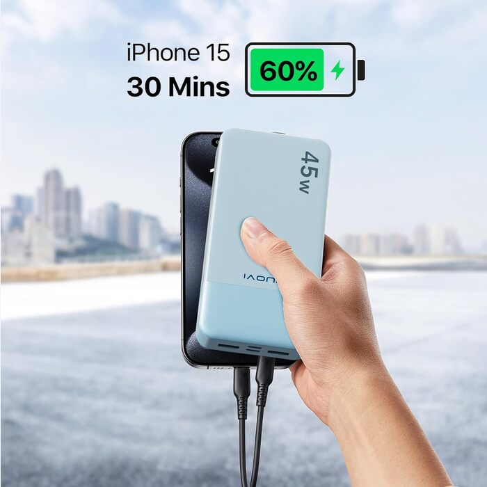 Power Bank JUOVI J2621, 20000mAh, 45W, для Switch, MacBook, iPhone, Samsung, Steam Deck та інших пристроїв (блакитний)