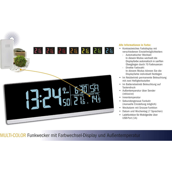 TFA Dostmann Multi-Color Digital Radio Alarm Clock with Color Changing Feature (70 Shades), 60.2548, Smartphone Charging Function (USB), Outdoor Temperature, Snooze Function, Plastic, Black
