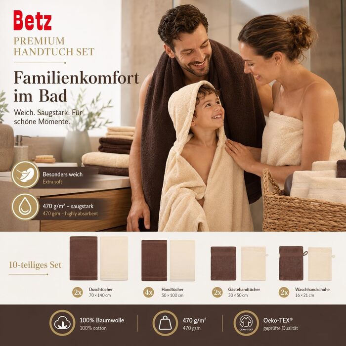Набір махрових рушників Betz Premium 10 предметів, 100% бавовна, 470 г/м², Oeko-TEX, Колір: горіховий коричневий та бежевий (2 банні, 4 середні, 2 гостьові рушники, 2 рукавички)