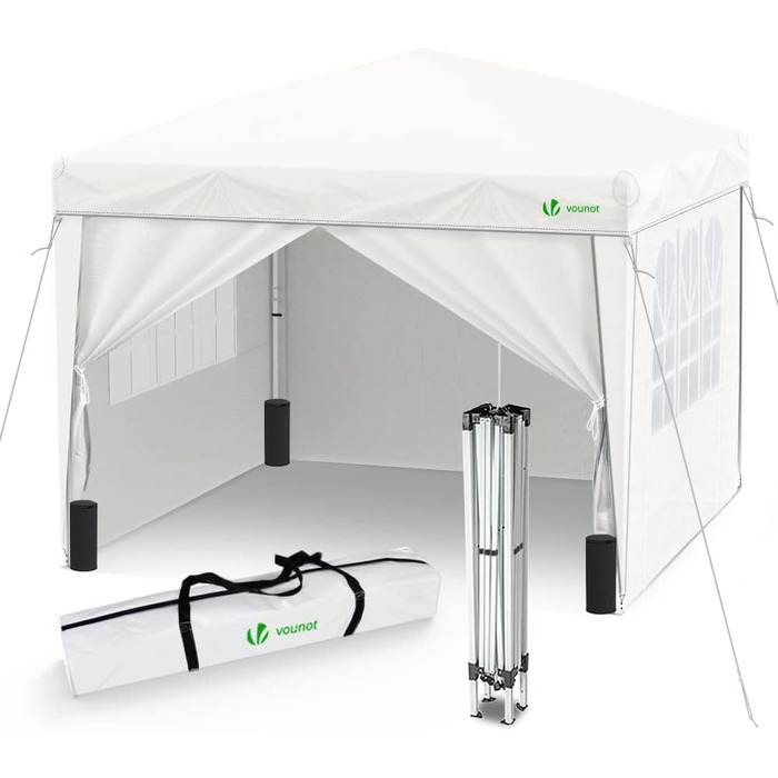 VOUNOT® Pavilion 3x3m with 4 Side Walls & 4 Sandbags, Pop-Up Folding Pavilion, Folding Garden Tent Party Tent, including Bag, Grey (White + 4 Side Walls)