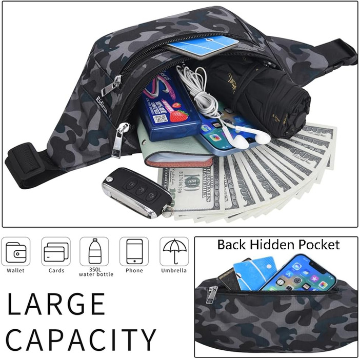 Чоловіча та жіноча поясна сумка-бананка, водонепроникна, для спорту, подорожей та активного відпочинку (камуфляж чорний)