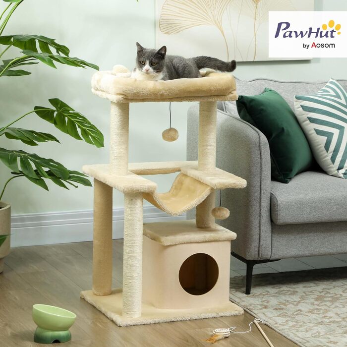 PawHut Кігтеточка для котів з гамаком, платформою та гротовою, 90 см, плюш, сизаль, кремовий