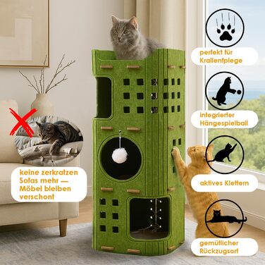 Котяча кігтеточка преміум-класу з 4 ярусами та 3 будиночками, філц, 90 см, зелена