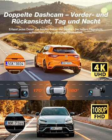 iZEEKER 4K Автомобільний відеореєстратор (Dashcam) з Wi-Fi, 32GB SD-карткою, двоканальний запис 4K+1080P, IPS-дисплей 2.99', Нічне бачення, G-сенсор, Запис по колу, Паркувальний режим 24/7