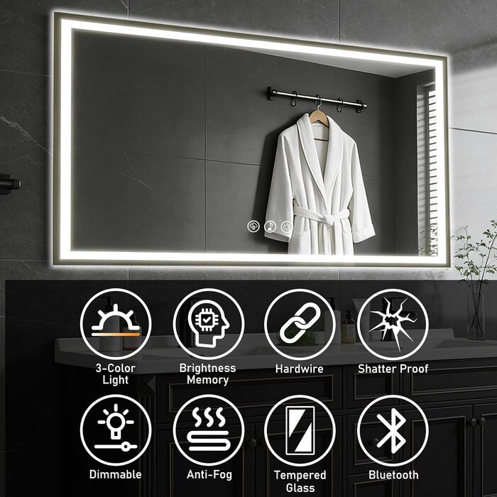 Дзеркало для ванної кімнати 50x70 см з LED-підсвічуванням, антизапарник, диммер, 3 кольори світла, Bluetooth