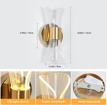 DELIPOP Настінне світильник Wandleuchte, 12W LED, 3 кольори світла (теплий/холодний/нейтральний), золотий, для спальні, вітальні, коридору, сходових маршів