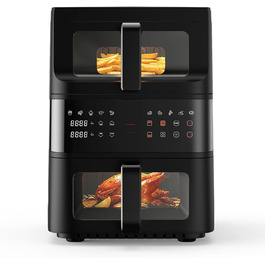 Електрична фритюрниця без олії (10л) з подвійним набором камер, подвійний набір, сенсорний екран, 10 програм, таймер, чорна