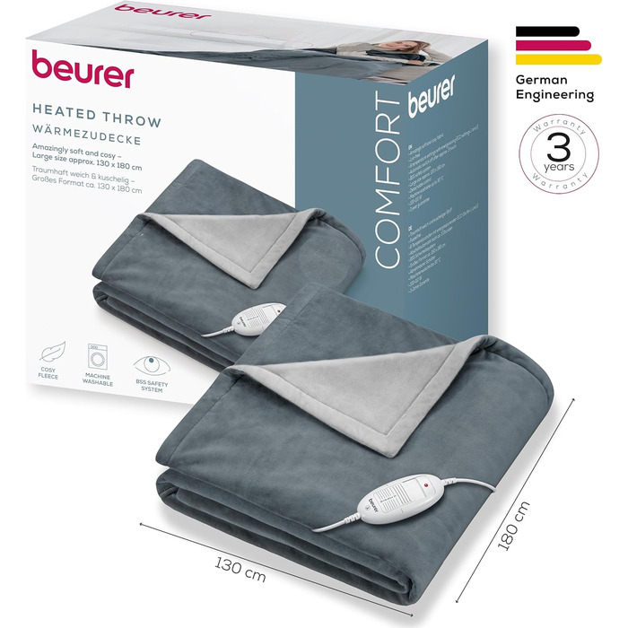 Електрична ковдра Beurer HD 75 з 6 рівнями нагріву, системою безпеки та автовимкненням, 180 x 130 см, темно-сіра