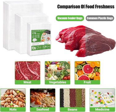 Omtofo 170-Piece Vacuum Bags 15x25cm + 20x30cm + 28x40cm Embossed, BPA-Free, Tear-Resistant, Vacuum Sealer Bags for All Home Vacuum Sealers, Professional Vacuum Bags Food Sous Vide Freezer Bags