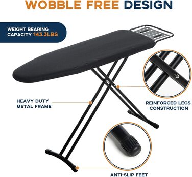 Гладильна дошка велика з підставкою для праски, 121×41 см, складна, для парогенератора, регульована по висоті, чорна