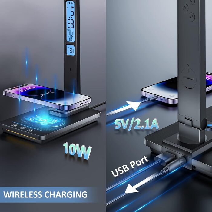 LED лампа настільна YAMYONE з бездротовим зарядним пристроєм та USB-портом, 5 кольорів, регулювання яскравості, нічник, годинник, термометр, для офісу та навчання, білий (чорний)