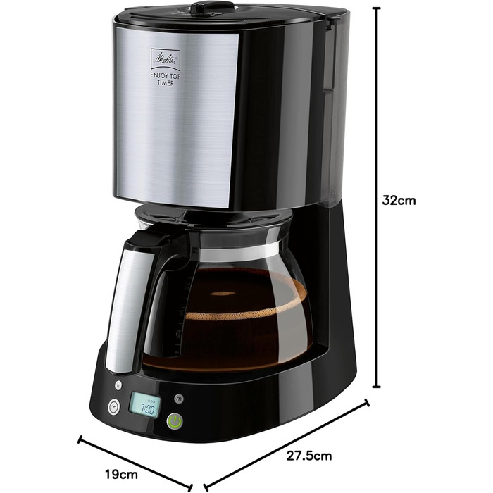 Кавомашина Melitta Enjoy Top з таймером, 10 чашок, чорний колір, скляна колба, функція Tropfstopp