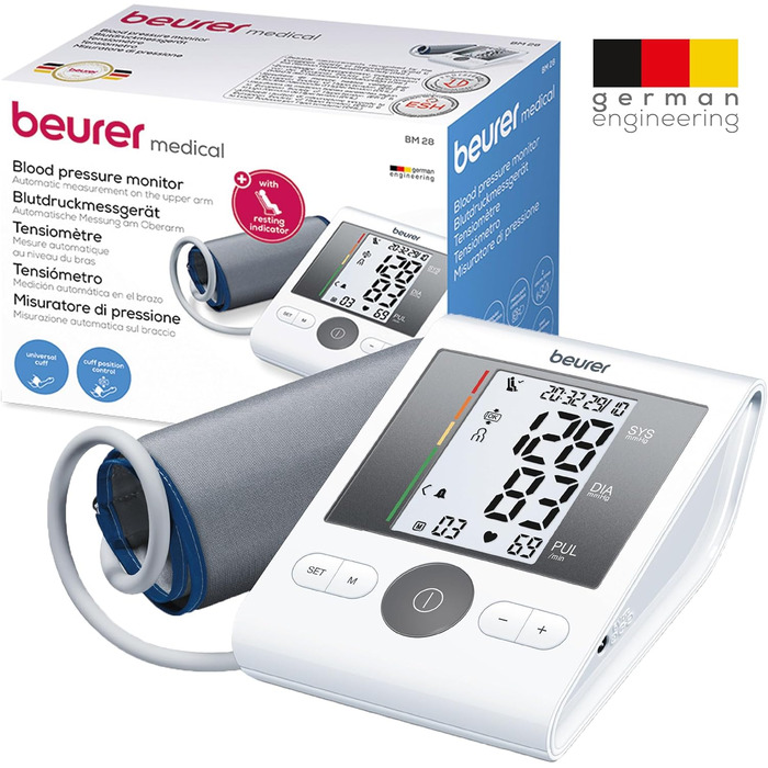 Тонометр Beurer BM28 на плече з індикатором тиші, позиціонуванням манжети та кольоровою індикацією ризику; підходить для вагітних