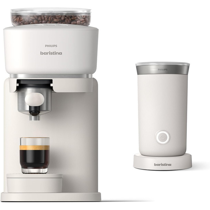 Кавоварка еспресо Philips Baristina з автоматичним млинком і капучинатором, 16 бар, натурально-біла, комплект для приготування кави та молочної піни