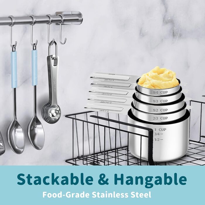 Measuring cup and spoon set, stainless steel measuring cups, measuring spoons with easy-to-read markings, ideal kitchen aids for cooking and baking, 13 pieces