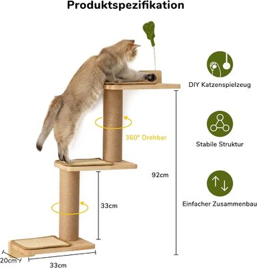Cat Climbing Wall, Cat Shelves made of Solid Rubberwood and Jute, 3-in-1 Transformable Cat Scratching Post Wall Mounted, DIY Cat Wall/Platform, Suitable for Cats to Climb, Play, and Scratch
