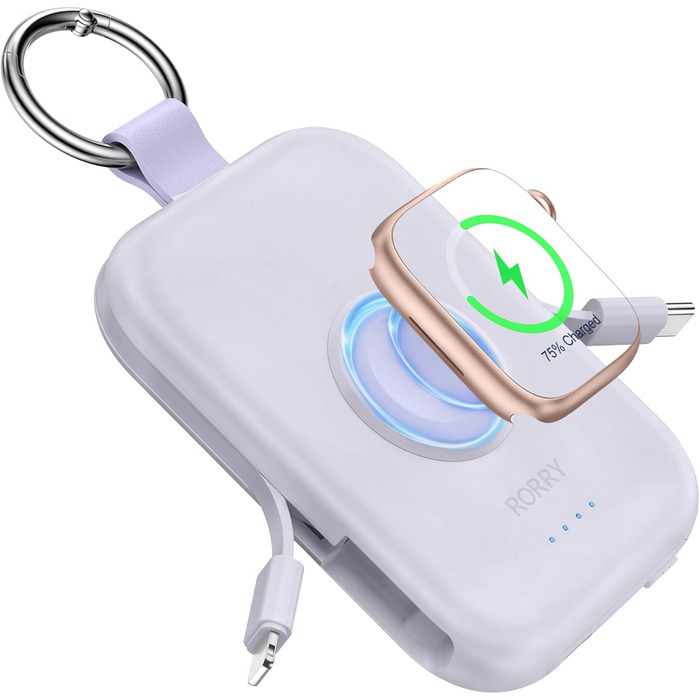 Power Bank RORRY 5000mAh з вбудованим кабелем, брелок-зарядка, сумісний з iPhone 16/15/14/13/12/11 та Apple Watch (фіолетовий)