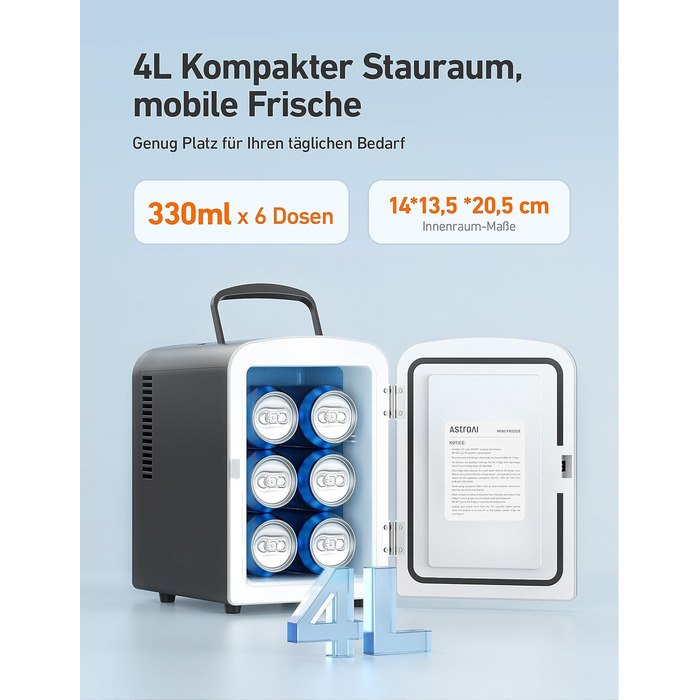 Міні-холодильник AstroAI, 4 літри, 6 банок, для авто, офісу, кімнати, косметики, 220V/12V, чорний